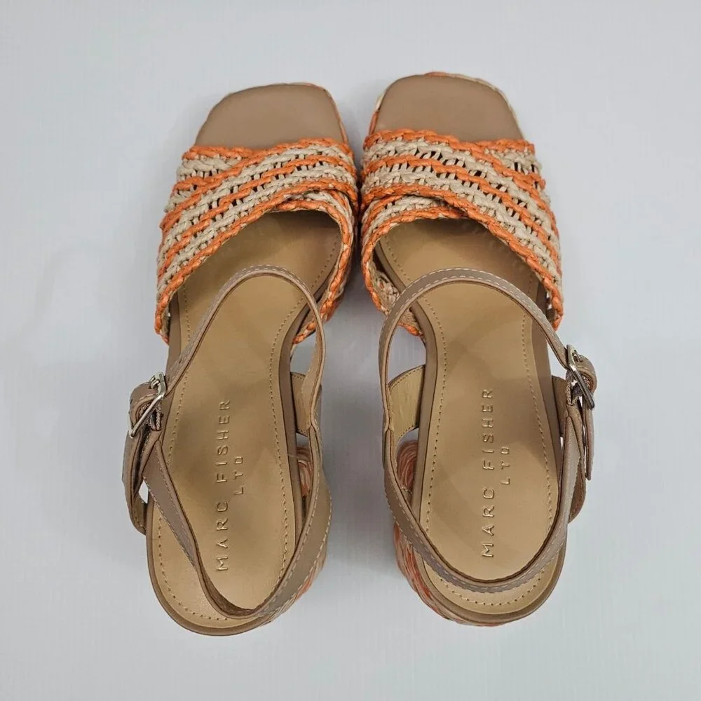 Marc Fisher LTD Juliey Block Heel Sandal Women 9.5 Orange Raffia Platform Resort